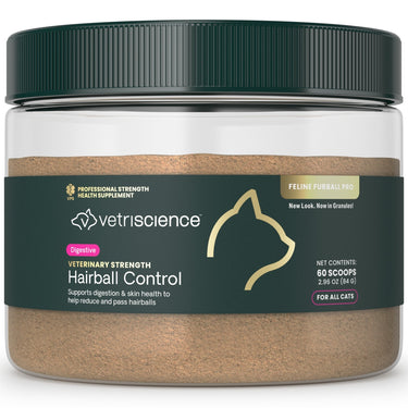 Front of VetriScience Veterinary Strength Hairball Control Powder for cats package